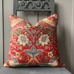 William Morris Fabric Cushion Cover Strawberry Thief Crimson Red Slate Vintage Designer Sofa Throw Pillow - thumbnail 3