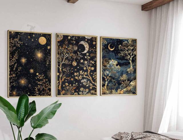 William Morris Set Of 3 Posters, Gold Decor, Print, Moon Poster, Night Sky Art, Botanical Floral Bedroom Art - image 1