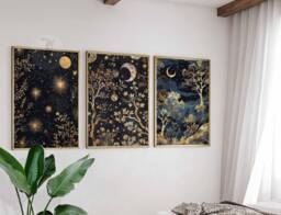 William Morris Set Of 3 Posters, Gold Decor, Print, Moon Poster, Night Sky Art, Botanical Floral Bedroom Art - thumbnail 1