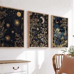 William Morris Set Of 3 Posters, Gold Decor, Print, Moon Poster, Night Sky Art, Botanical Floral Bedroom Art - thumbnail 3