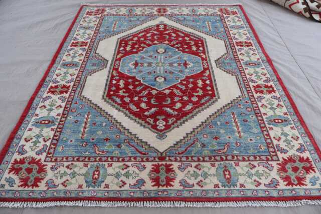 5x7 Heriz Area Rug, Blue Red Beige Afghan Handmade Natural Dyes Wool Geometric Tribal Turkish Medallion Living Room Rug - image 1