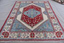 5x7 Heriz Area Rug, Blue Red Beige Afghan Handmade Natural Dyes Wool Geometric Tribal Turkish Medallion Living Room Rug - thumbnail 1