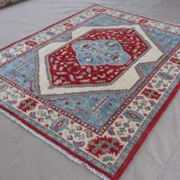 5x7 Heriz Area Rug, Blue Red Beige Afghan Handmade Natural Dyes Wool Geometric Tribal Turkish Medallion Living Room Rug - thumbnail 2