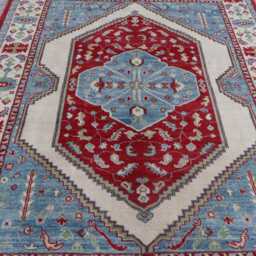 5x7 Heriz Area Rug, Blue Red Beige Afghan Handmade Natural Dyes Wool Geometric Tribal Turkish Medallion Living Room Rug - thumbnail 3