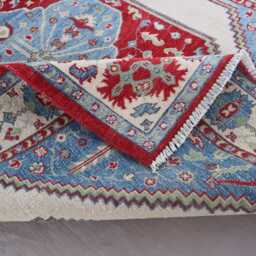 5x7 Heriz Area Rug, Blue Red Beige Afghan Handmade Natural Dyes Wool Geometric Tribal Turkish Medallion Living Room Rug - thumbnail 4