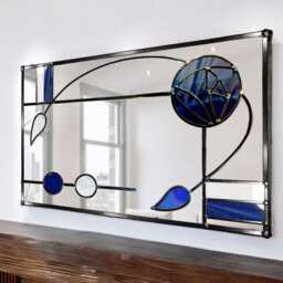 Charles Rennie Mackintosh Stained Glass Overmantel Mirror - Nightstar Blue Handmade Art Nouveau - thumbnail 2