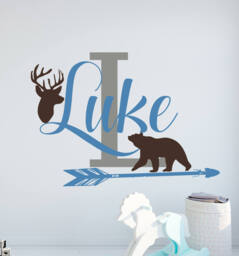 Personalized Name Wall Decal Baby Boy Nursery Forest Deer Bear Kids Room Custom Monogram Letter Woodland Todler Bedroom Decor S110 - thumbnail 1