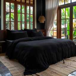 Black Soft Medium Weight Linen Bedding Set Duvet Cover 2 Pillowcases Rustic Stonewashed Comforter Zipper King Queen Full - thumbnail 3