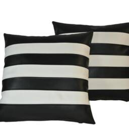 "2 Black & White Horizontal Stripe Faux Leather Cushions 18"" 20" - thumbnail 2