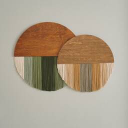 Half Moon Wall Hanging, Fiber Art, Minimalist Artwork, Home Office Decor, Boho Macrame Round Wood Sign V07 - thumbnail 1