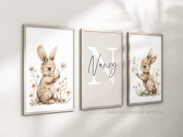 Bunny Rabbit Baby Girls A4 Or A3 Nursery Set Of Unframed Prints Pink Green Beige Boho Flowers Butterflies - image 1