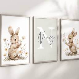 Bunny Rabbit Baby Girls A4 Or A3 Nursery Set Of Unframed Prints Pink Green Beige Boho Flowers Butterflies - thumbnail 2