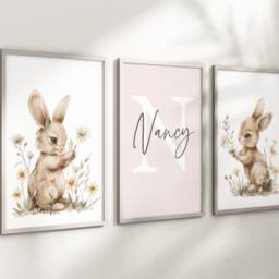 Bunny Rabbit Baby Girls A4 Or A3 Nursery Set Of Unframed Prints Pink Green Beige Boho Flowers Butterflies - thumbnail 3
