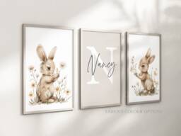 Bunny Rabbit Baby Girls A4 Or A3 Nursery Set Of Unframed Prints Pink Green Beige Boho Flowers Butterflies - thumbnail 1