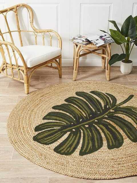 Handmade Jute Round Rug Monstera Leaf Design, Boho Tropical Carpet - image 1