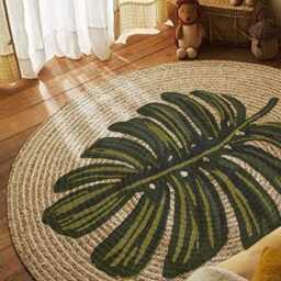 Handmade Jute Round Rug Monstera Leaf Design, Boho Tropical Carpet - thumbnail 3