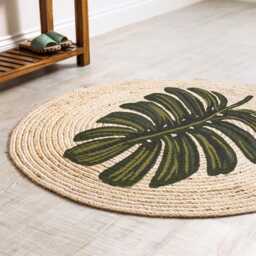 Handmade Jute Round Rug Monstera Leaf Design, Boho Tropical Carpet - thumbnail 2