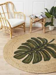 Handmade Jute Round Rug Monstera Leaf Design, Boho Tropical Carpet