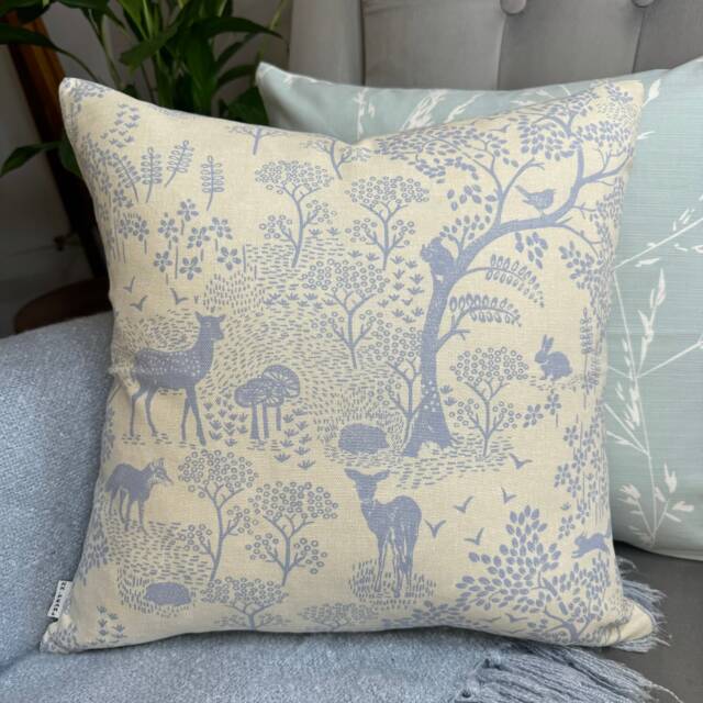 Animal Print Cushion Cover, Decorative Pillow Forest Design - Beige/Blue, Vilda Fabric Cotton, Sofa Size 16 - image 1