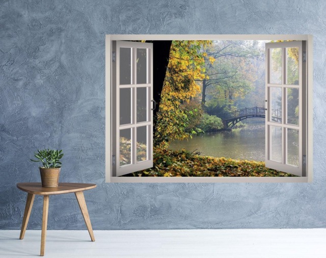 Rainy Nature Lake Window 3D Wall Decal Art Removable Wallpaper Autumn Mural Sticker Vinyl Home Decor - image 1