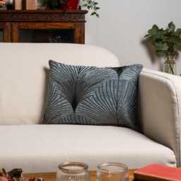 Art Deco Fan Boudoir Cushion Cover in Steel Blue. Soft Blue Silver Vintage Design. Luxury Velvet Chenille. 17x12