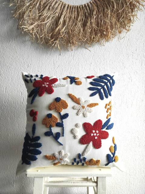 Handmade Punch Needle Floral Pillow Cover Tufted Linen Cushion - image 1