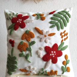 Handmade Punch Needle Floral Pillow Cover Tufted Linen Cushion - thumbnail 2