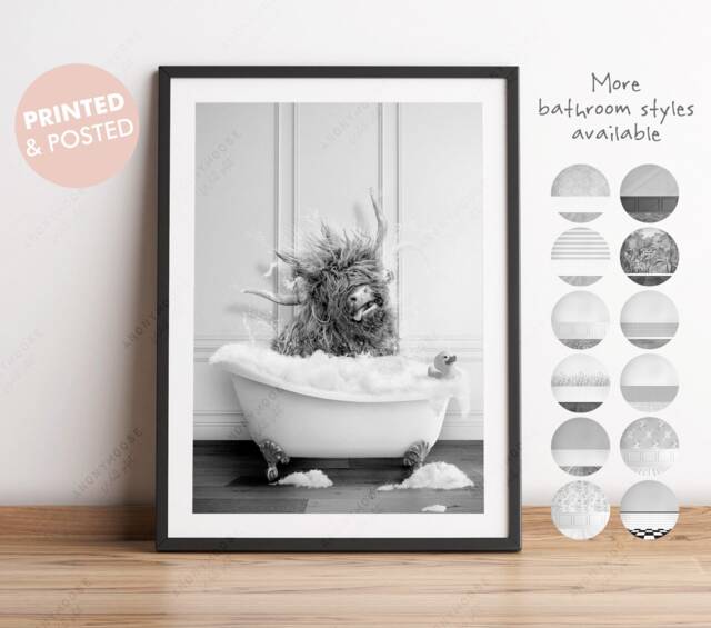 Black & White Highland Cow Shaking Head in A Bath Print, Bathing, Funny Bathroom Animal Bathtub, Tub Print - image 1