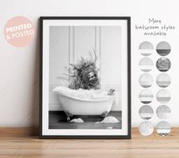 Black & White Highland Cow Shaking Head in A Bath Print, Bathing, Funny Bathroom Animal Bathtub, Tub Print - thumbnail 1