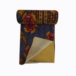 Vintage Floral Kantha Quilt Indian Cotton Twin Bedspread - thumbnail 1