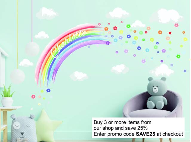 Pastel Personalised Watercolour Rainbow & Flowers Wall Stickers Nursery Decor Decal - image 1