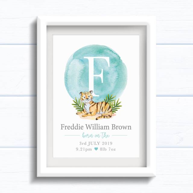 Personalised New Baby Boy Gift With Tiger & Birth Details - image 1