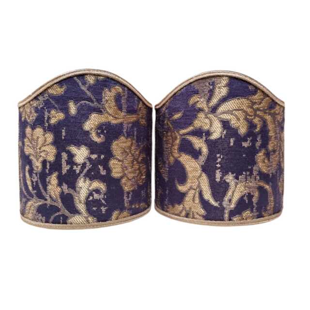 Pair Of Clip-On Wall Sconces Shield Shades Blue Purple Rubelli Silk Jacquard Les Indes Galantes Pattern Mini Lampshade - Handmade in Italy - image 1