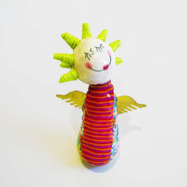 Whimsical Angel Figurine, Colorful With Metal Wings - 6.5 - image 1
