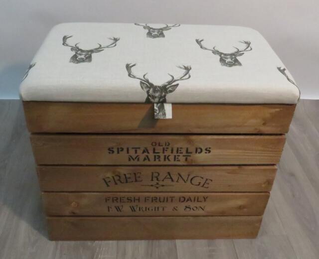 Large Rustic Wooden Storage Crate - Upholstered Fabric Lid Seat - image 1
