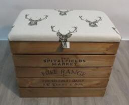 Large Rustic Wooden Storage Crate - Upholstered Fabric Lid Seat