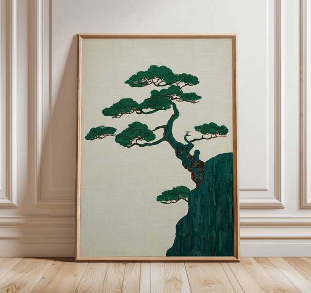 Japanese Bonsai Tree Art Print, Minimalist Zen Decor - image 1