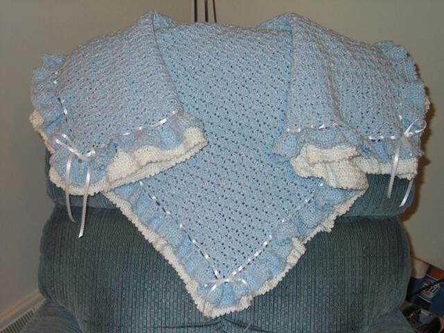 Double Ruffles With Satin Ribbons Baby Boy Afghan Blanket - Made To Order - image 1