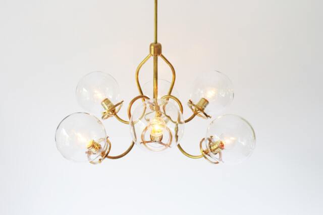Brass Chandelier, Modern Hanging Pendant Lighting Fixture, 6 Fluted Arms, Clear Glass Globe Shades, Bootsngus & Home Decor - image 1