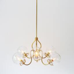 Brass Chandelier, Modern Hanging Pendant Lighting Fixture, 6 Fluted Arms, Clear Glass Globe Shades, Bootsngus & Home Decor - thumbnail 4