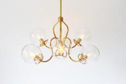 Brass Chandelier, Modern Hanging Pendant Lighting Fixture, 6 Fluted Arms, Clear Glass Globe Shades, Bootsngus & Home Decor - thumbnail 1
