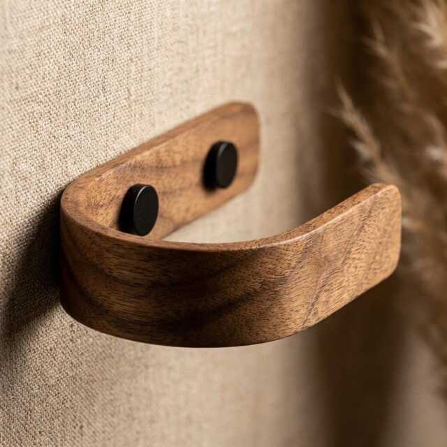 Walnut Curtain Holdbacks, Steam Bent Wood Tie Backs, Black Fittings - image 1