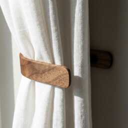 Walnut Curtain Holdbacks, Steam Bent Wood Tie Backs, Black Fittings - thumbnail 4
