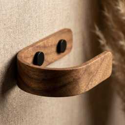 Walnut Curtain Holdbacks, Steam Bent Wood Tie Backs, Black Fittings - thumbnail 1