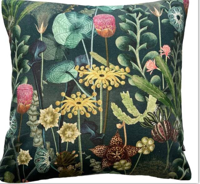 Botanical Herbarium Cushion Cover Printed Cotton Fabric Teal Green Exotic Floral - image 1