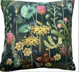 Botanical Herbarium Cushion Cover Printed Cotton Fabric Teal Green Exotic Floral - thumbnail 1