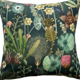 Botanical Herbarium Cushion Cover Printed Cotton Fabric Teal Green Exotic Floral - thumbnail 2