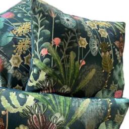Botanical Herbarium Cushion Cover Printed Cotton Fabric Teal Green Exotic Floral - thumbnail 4