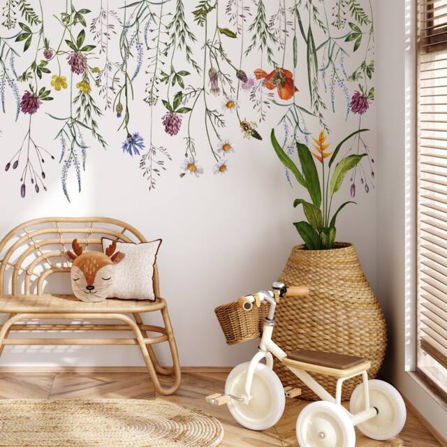 Botanical Meadow Flower Wall Decal Border - Easy To Apply Peel & Stick Floral Stickers For Nursery Decoration Decor - image 1