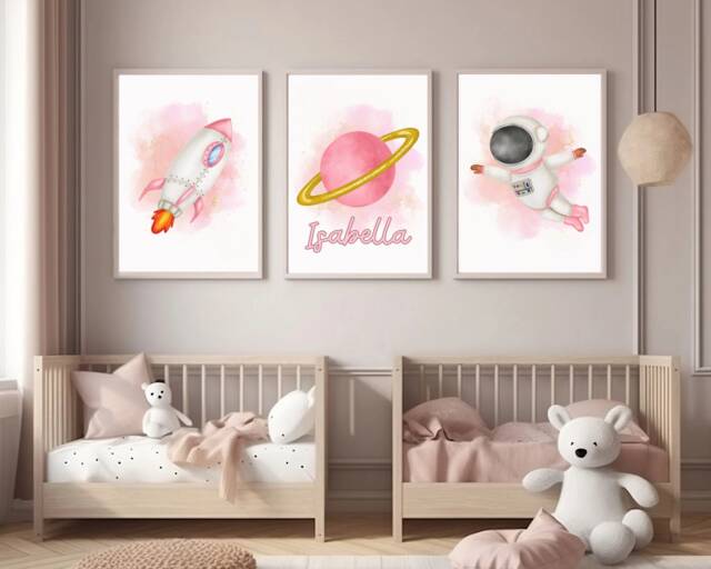 Set Of 3 Personalised Pink Space Prints. Astronaut & Rocket Girls Bedroom Pictures With Name. Decor. Nursery Wall Art - image 1